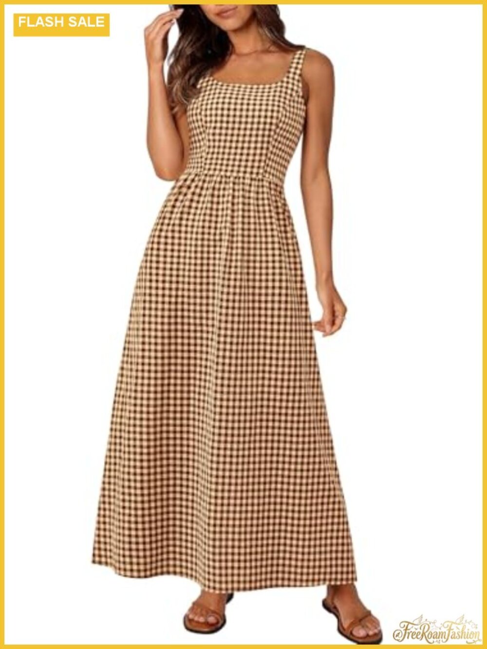 Gingham Maxi Dress Sleeveless A-Line Smocked Beach Casual